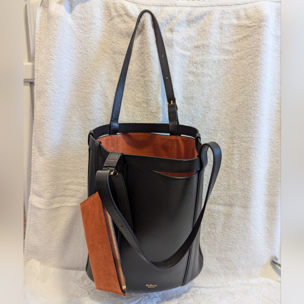 Mulberry Black Leather Tote with Rust Orange Suede Interior